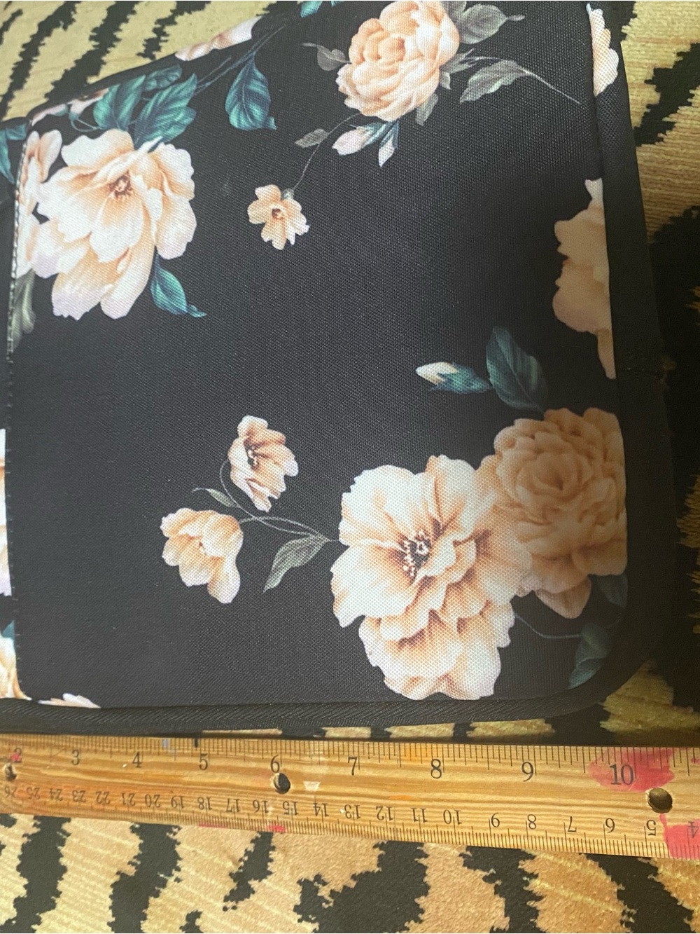 Floral Black Cosmetic Pouch with Peach Roses 10x8” iPad case